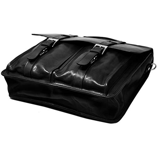 Floto Firenze Leather Buckle Strap Briefcase Messenger Bag - 1 Gusset (Black)