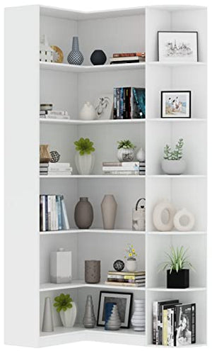 Loomie White 6-Tier Corner Etagere Bookcase with Baffle - Modern Industrial Bookshelf