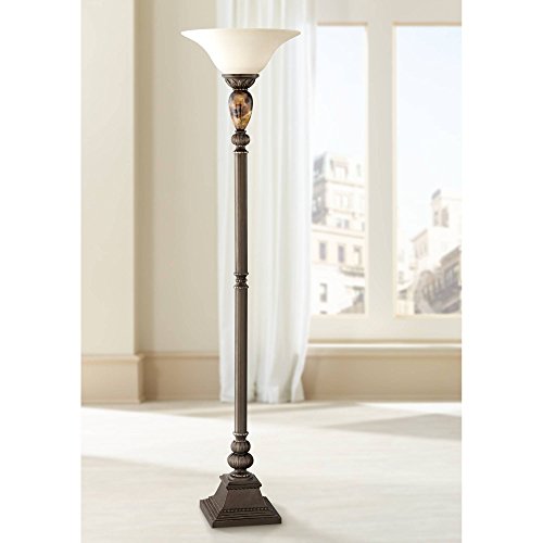 kathy ireland Mulholland Rustic Vintage Torchiere Floor Lamp 72" Tall Bronze Tortoise Shell Font Frosted Glass Shade
