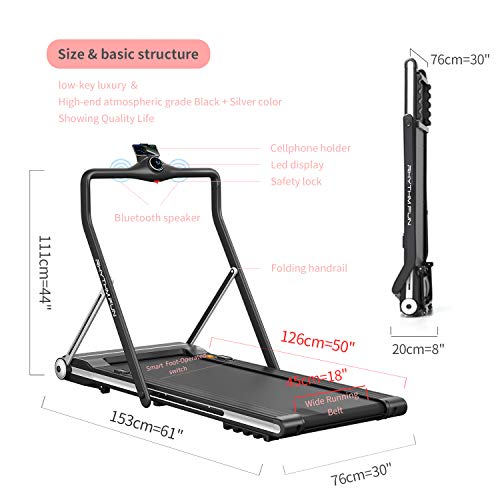 RHYTHM FUN Treadmill Folding Running Treadmill Under Desk Walking Pad Treadmill with Foldable Handtrail Wide Tread Belt Super Slim Mini Quiet Home Treadmill with Smart Remote Control and Workout App