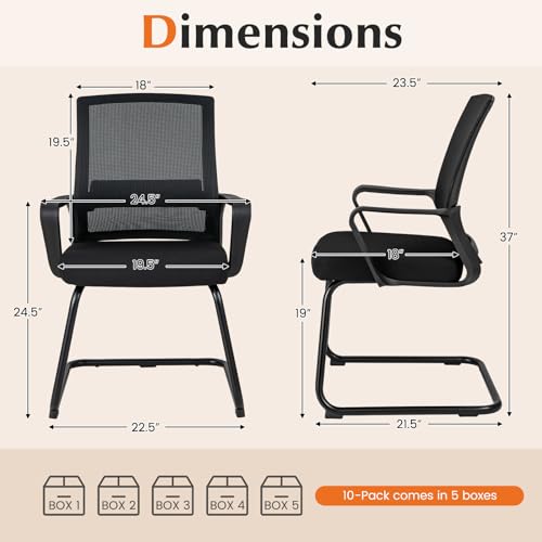 Tangkula Set of 10 Office Guest Chairs with Lumbar Support, Breathable Mesh Back, Armrests & Sled Base, Black