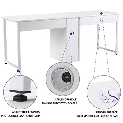 Mrs Bad Home Office Two Person Desk,Double Workstation Office Desk Writing Study Desk,Extra Long Computer Desk with Book Shelf (White)