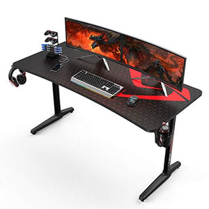 DESIGNA 60 inch Gaming Desk, Computer Desk with Mouse Pad, T-Shaped Professional Writing Table Workstation with USB Handle Rack & Cup Holder& Headphone Hook, Carbon Fiber Black