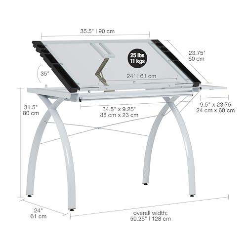 SD Studio Designs 10096 Futura Station Drafting Craft Table with Folding Shelf Top, Adjustable, White/Clear Glass