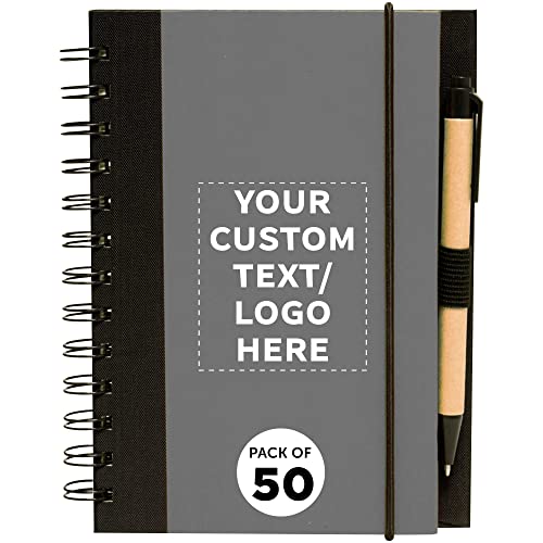 50 ECO Block Notebooks with Pens Pack - Customizable Text, Logo - Spiral, Recycled, Elastic Loop - Smoke