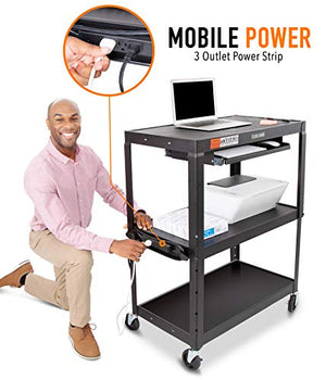 Stand Steady Line Leader Large Metal Utility Cart with Retractable Keyboard Tray | Height Adjustable 3 Tier Rolling Cart | Includes Power Strip & Cord Management | Easy Assembly (34in x 20in x 42in)