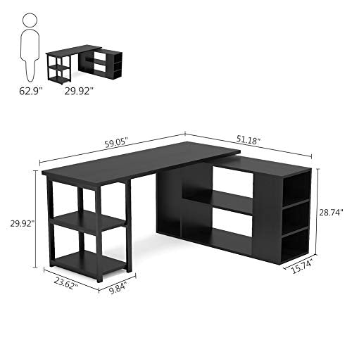 L-Shaped Computer Desk, Tribesigns Rotating Corner Computer Desk with Bookcase and File Cabinet (Black)