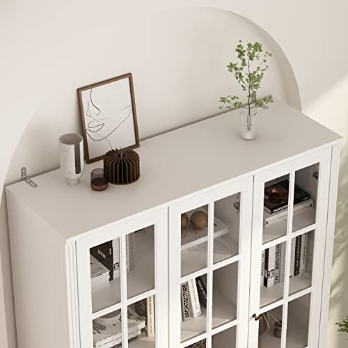AIEGLE Tall Bookcase with Glass Doors and Drawers, 47.2" Wide 4-Tier Bookshelf - White