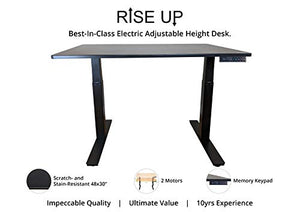 Rise UP Dual Motor Electric Standing Desk 48x30 Black Desktop Premium Ergonomic Adjustable Height sit Stand up Home Office Computer Desk Table Motorized Powered Modern Furniture Small Standup Table