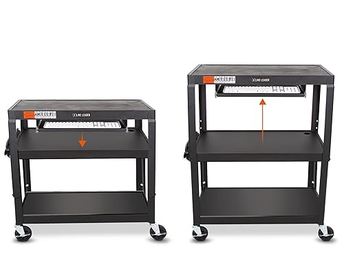 Stand Steady Line Leader Large Metal Utility Cart with Retractable Keyboard Tray | Height Adjustable 3 Tier Rolling Cart | Includes Power Strip & Cord Management | Easy Assembly (34in x 20in x 42in)