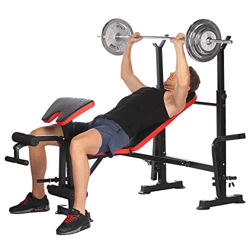 Hurbo Multifunctional Workout Adjustable Olympic Weight Bench with Squat Rack, Leg Extension, Preacher Curl, and Weight Storage, 330-Pound Capacity