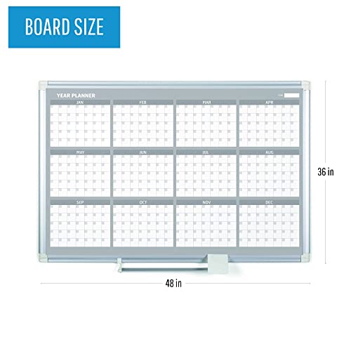 MasterVision Magnetic Dry Erase 12 Month Yearly White Board Planner, Wall Mounting, Sliding Marker Tray, 36" x 48", Aluminum Frame (GA05106830), 3' x 4'
