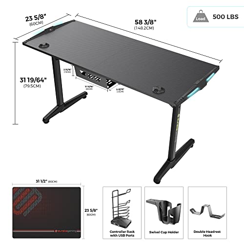EUREKA ERGONOMIC 55 Inch RGB LED Gaming Desk with Free Mouse Pad, USB Ports, Cup Holder - Black