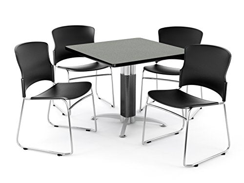OFM Core Collection Breakroom Set, 36" Square Metal Mesh Base Multi-Purpose Table in Gray Nebula, 4 Multi-use Plastic Stack Chairs in Black (PKG-BRK-028-0006)