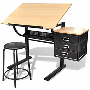 YYCCOO Three Drawers Tiltable Tabletop Drawing Table with Stool, Steady and Durable, MDF, Powder Coated Iron Legs