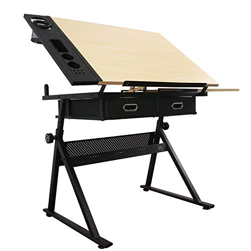KIILING Height Adjustable Drawing Table with Storage Drawers and Stool Yellow