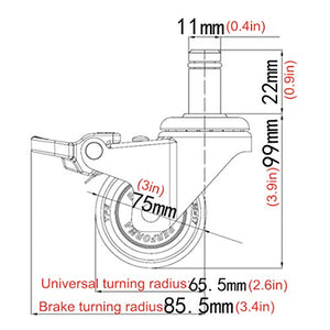 IkiCk Heavy Duty 4X Office Chair Caster Wheels - 360° Swivel Rubber Castors with Brake - 75mm/3in Stem Size