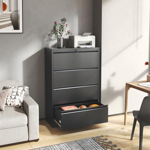 EKJ Black Metal 4 Drawer Lateral File Cabinet for Home Office - Steel Wide Filing Cabinets