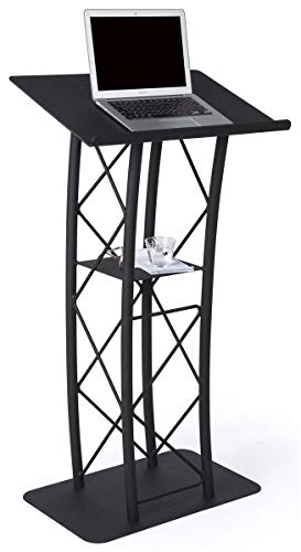 Displays2go Black Aluminum and Steel Truss Lectern with Built-in Shelf, 47" Tall, Textured Finish