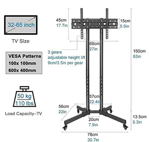 YokIma TV Stand for 55 65 Inch TV, Black Mobile TV Stand On Wheels, Height Adjustable - Holds 110 Lbs