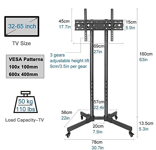 YokIma TV Stand for 55 65 Inch TV, Black Mobile TV Stand On Wheels, Height Adjustable - Holds 110 Lbs