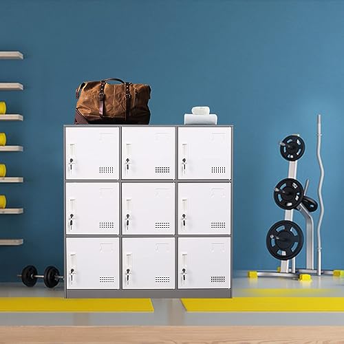 iCHENGGD Metal Locker 9 Door Storage Cabinet with Lock and Ventilation, Grey