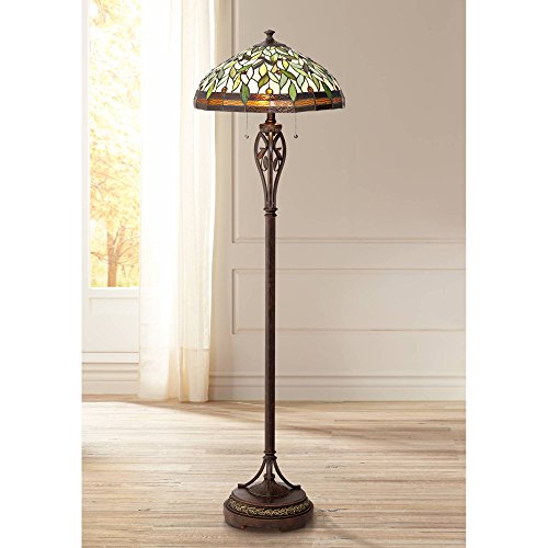 Robert Louis Tiffany Victorian Tiffany Style Floor Standing Lamp 60" Tall - Bronze Gold Amber Green Stained Glass