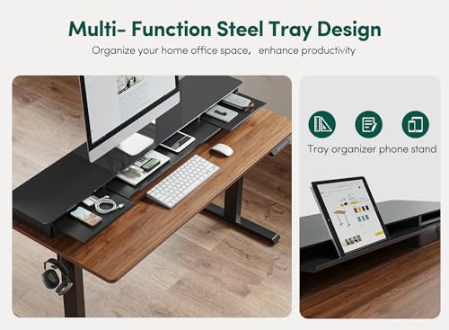 FEZIBO Height Adjustable Glass Electric Standing Desk with Double Drawer, Storage Shelf - 48 x 24 Inch, Black Walnut