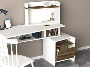 MAKENZA Vertigo Office Desk Modern Living Room Furniture with Adjustable Shelves & One Hidden Cabinet, Writing Workstation Table Compatible for Home, Office Study (White-Walnut)