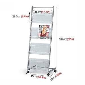 JacCos Rolling Literature Magazine Rack Organizer with Wheels - Silver Floor-Standing Commercial Storage Shelf