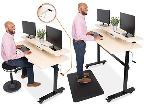 Stand Steady Tranzendesk | 55 Inch Standing Desk with Clamp On Shelf & Detachable Wheels | Crank Height Adjustable Sit to Stand Workstation | Monitor Riser Supports 3 Screens (55 in / Maple)