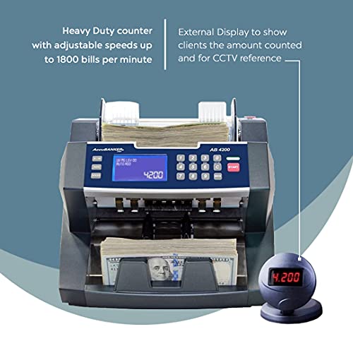 AccuBANKER AB4200 Basic Bank Grade Bill Counter, 300 Bills Hopper Capacity, 200 Bills Stacker Capacity, Variable Counting Speeds up to 1,800 Bills/min & Emergency Stop Function