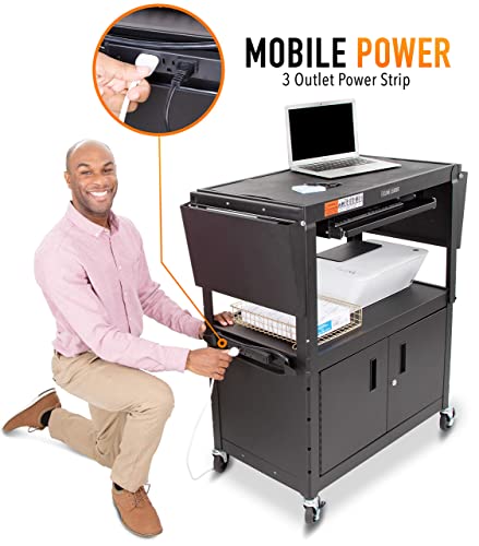 Stand Steady Line Leader Large AV Cart with Locking Cabinet & Drop Leaves, Rolling Height Adjustable Utility Cart with Pullout Laptop Keyboard Tray & Cord Management, Narrow Mobile Workstation (Black, 54 x 18)