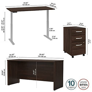 Bush Business Furniture Studio C Height Adjustable Standing Desk, Credenza, Mobile File Cabinet 60W x 30D Black Walnut