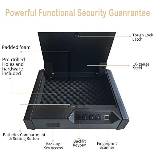 Alfuheim Biometric Gun Safe, Smart Handgun Safe with 4 Digits Code, Quick Fingerprint Access Gun Box and Auto-Open lid, 2 Pistol Capacity, Gun Cabinet for Home, Personal and Car Security