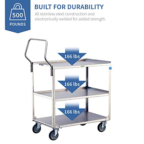 Lakeside Manufacturing 4444 Handler Series Utility Cart Stainless Steel 3 Shelves 500 lb. Capacity