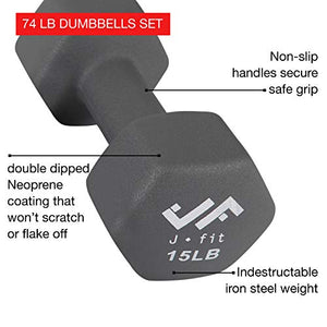JFIT Dumbbell Set w/Durable Rack, Double Neoprene Coated Workout Weights, Solid Design Rack, 74 LB Set