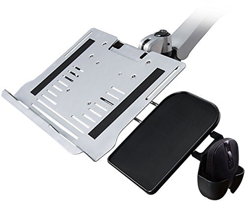 Mount-It! Dual Monitor and Laptop Desk Stand Mount with Mouse Pad Holder | 3 Gas Spring Arms | Fits Monitors up to 27 Inches | Laptop Notebook Tablet or Keyboard Tray Included | C-clamp Base | Silver