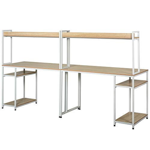 HOMCOM Industrial Double Computer Desk with Hutch and Storage Shelves, Extra Long Home Office Writing Table 2 Person Workstation, CPU Stand, Oak Wood Grain