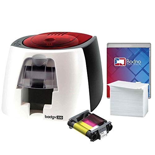 Badgy200 Color Plastic ID Card Printer with Complete Supplies Package with Bodno ID Software - Bronze Edition