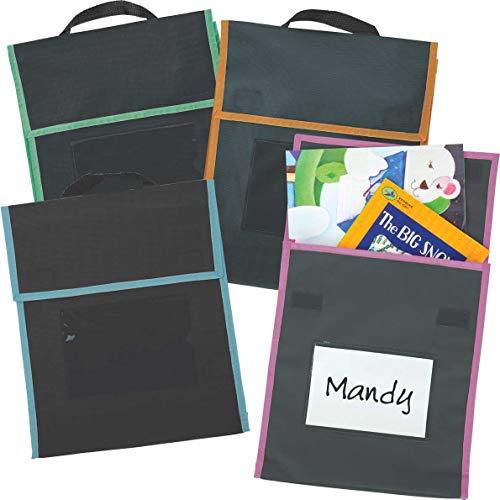 Really Good Stuff Store More Medium Book Pouches – Send Home Books and Homework in Durable Fabric Book Bag – Stitched-On Handle, Clear Name Tag Pocket, Black with Neon Color Trims, 10”x1”x12” (Set of