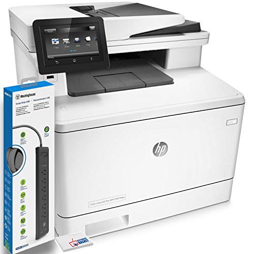 HP Color Laserjet Pro M477fdw All-in-One Laser Printer with Power Strip Surge Protector and Electronics Basket Microfiber Cleaning Cloth