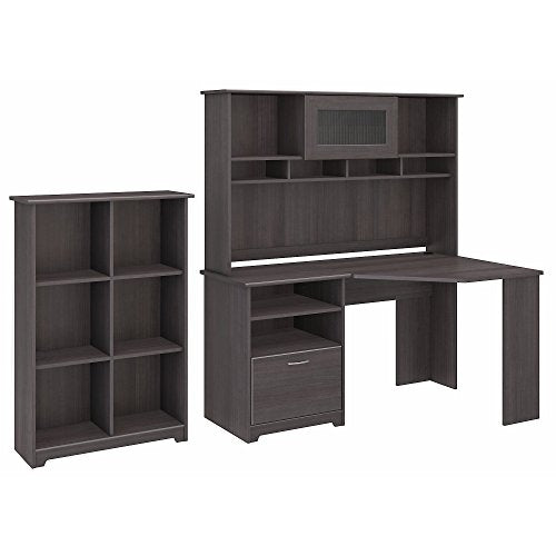 Bush Furniture Cabot Corner Desk with Hutch and 6 Cube Organizer in Heather Gray