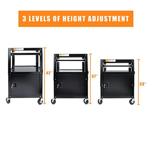 Metateel Large AV Cart with Extra Storage - Adjustable Height, Locking Cabinet, Power Strip - Holds 300 lbs - Easy Assembly (24'' x 18'' x 42'')