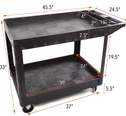 Stand Steady Tubstr Extra Large Two Shelf Utility Service Cart - 500 lbs. Capacity, Heavy-Duty Rolling Cart (Black, 45.5 x 24.5)
