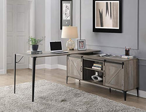 Knocbel Industrial L-Shaped Computer Desk with Sliding Barn Door Storage Cabinet, Home Office Workstation Writing Desk with Metal Legs, 65" L x 65" W x 31" H (Gray Oak and Black)