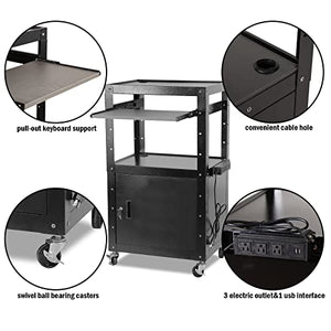 ERFEI Rolling Presentation AV Cart with Height Adjustable Media Station, Locking Cabinet, Keyboard Tray, and Power Outlets