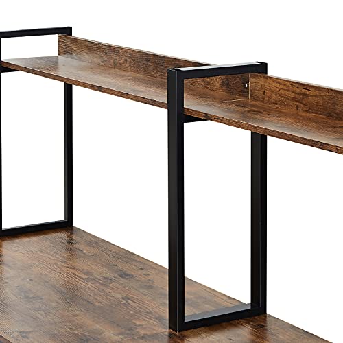Extra Long Double Computer Desk Home Office Desk Workstation with 4-tier Storage Shelf for 2 Persons, Retro Wood Study Desk Writing Table with Spacious Tabletop & Adjustable Feet for Small Space Brown