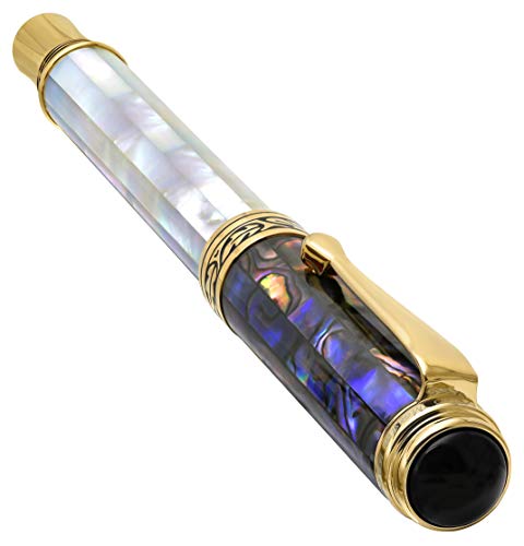 Xezo Maestro Handmade from Oceanic Origin White Mother of Pearl and Paua Sea Shell Serialized Fine Rollerball Pen. 18K Gold, Platinum Plated. No Two Alike
