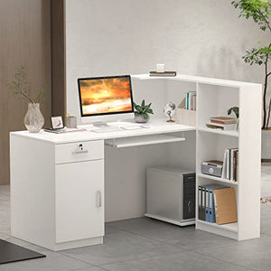 AIEGLE Reception Desk with Hutch, Lockable Drawers & Shelves, White (55.1" W x 43.3" D x 43.3" H)